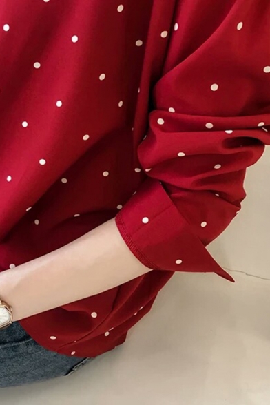 Polka Dot Printed Notched Lapel Long Sleeve Single Breasted Chiffon Shirt