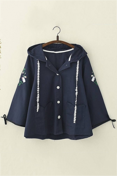 Rabbit Floral Embroidery Tied Long Sleeve Single Breasted Loose Hooded Coat Jacket