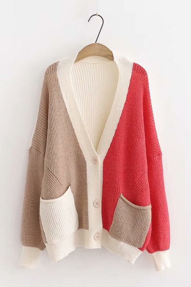 Women's Fashion Drop Sleeve V-Neck Single-Breasted Color Block Patchwork Knitted Cardigan