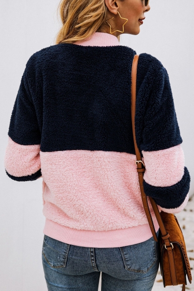 Women's Fashion Stand Collar Color Block Faux Fur Teddy Long Sleeve Zip Up Sweatshirt