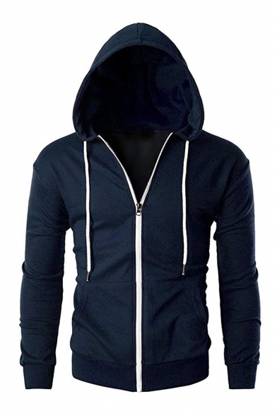 Casual Plain Long Sleeve Drawstring Hood Zipper Slimming Hoodie for Men