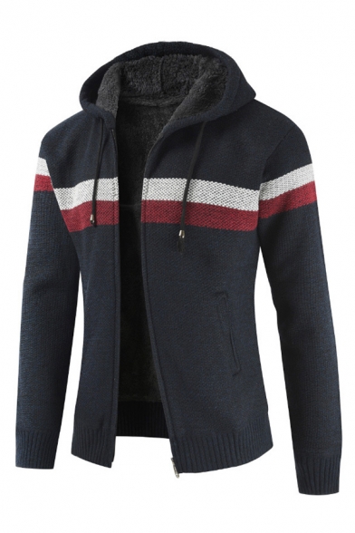Colorblocked Stripe Long Sleeve Zip Up Hooded Thick Cardigan Coat with Pocket