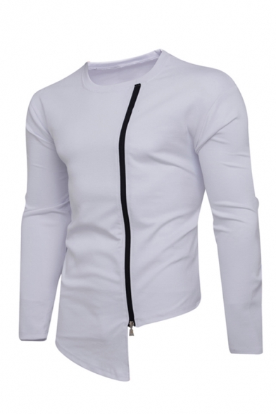 Leisure Whole Colored Round Neck Long Sleeve Irregular Hem Side Zipper Sweatshirt