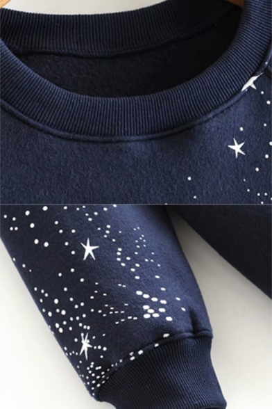 Navy Starry Sky Star Print Long Sleeve Round Neck Oversized Sweatshirt