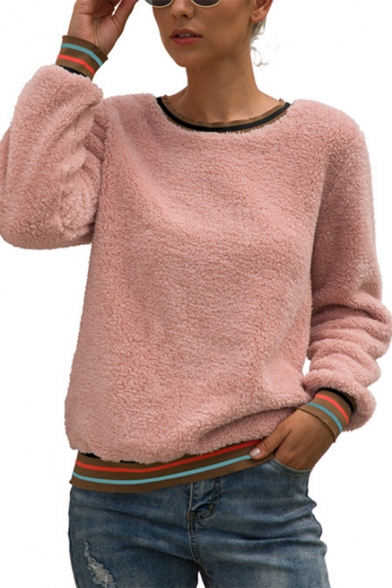 New Fashion Stripe Trim Patchwork Round Neck Long Sleeve Relaxed Fluffy Teddy Sweatshirt