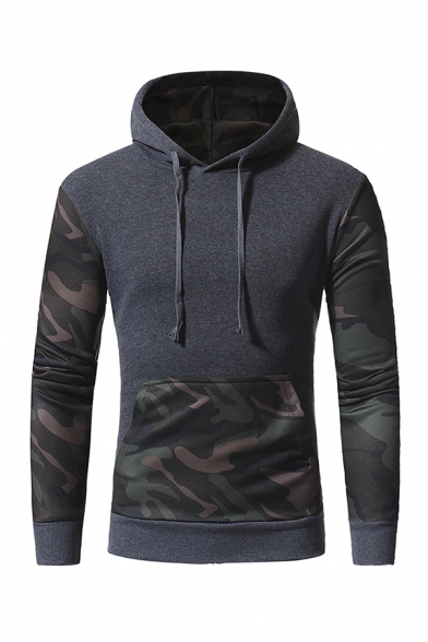 New Trendy Camouflage Panelled Pocket Long Sleeve Drawstring Hoodie