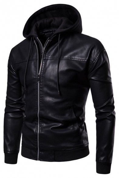Plain Black Long Sleeve Double Zipper PU Leather Hooded Jacket Coat