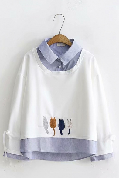 Preppy Style Cartoon Cat Embroidery Patched Long Sleeve False Two Pieces Loose Sweatshirt