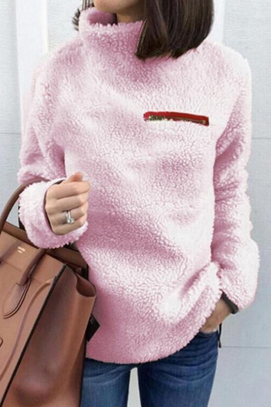 Simple Plain Zippered Front High Neck Long Sleeves Fluffy Teddy Pullover Sweatshirt