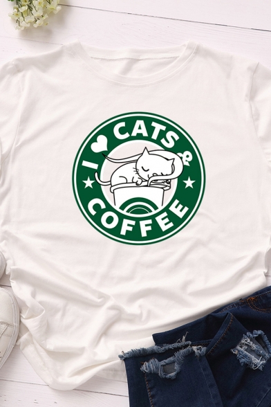 Unique Coffee Cat Logo Pattern Crew Neck Short Sleeve Casual Tee