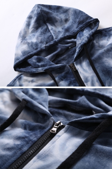 Unique Tie Dye Printed Long Sleeve Zip Up Slim Fit Hoodie with Pocket