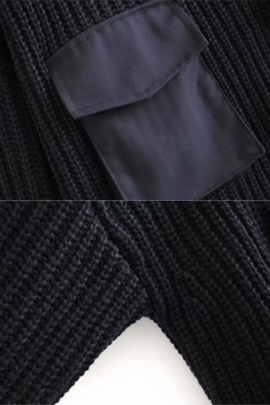 Winter Warm Turtle Neck Flap Pocket Long Sleeve Solid Color Black Short Sweater