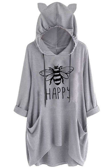 Bee HAPPY Letter Print Plain Longline Cat Graphic Hooded Sweatshirt with Pocket