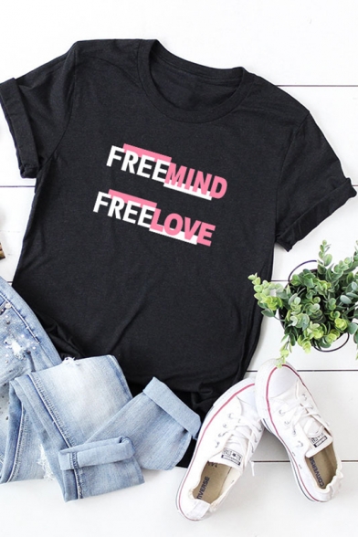 Colorblocked Letter FREEMIND FREELOVE Printed Short Sleeve Casual T-Shirt for Women