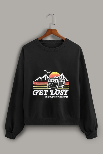 GET LOST Letter Bus Pattern Printed Long Sleeve Black Pullover Sweatshirt