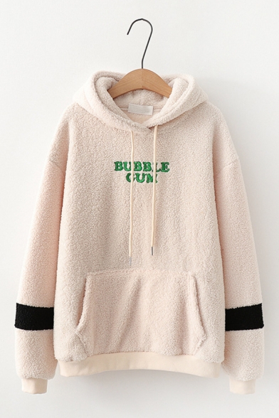 Letter BUBBLE GUM Printed Colorblocked Long Sleeve Fluffy Fleece Hoodie