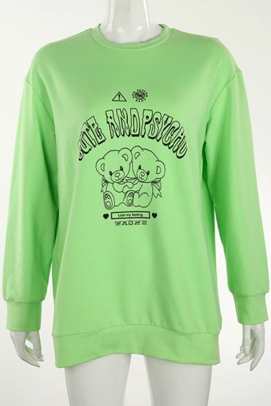 Letter CUTE AND PSYCHO Bear Pattern Long Sleeve Loose Relaxed Green Pullover Sweatshirt
