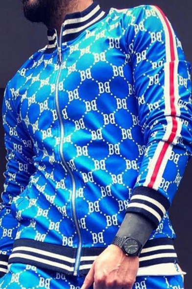 Men's New Trendy Print Striped Long Sleeve Stand Collared Sweatshirt Sports Jacket