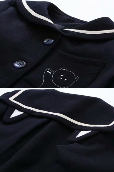 Navy Collar Cartoon Bear Stripe Printed Single Breasted Longline Woollen Coat Jacket
