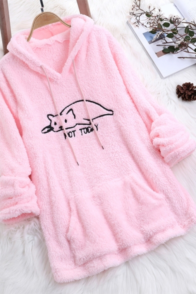 NOT TODAY Letter Cat Embroidered Long Sleeve Warm Fluffy Teddy Longline Hoodie With Pocket
