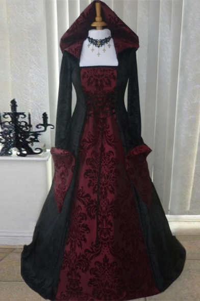 Renaissance Gothic Vintage Floral Print Gathered Waist Halloween Costume Dress