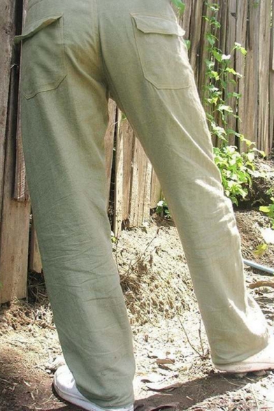 Simple Drawstring Waist Plain Loose Straight Leg Pants with Pocket for Men