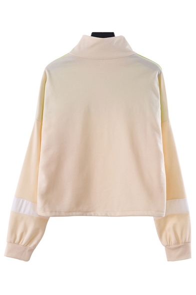 Striped Color Block Insert Stand Up Collar Half Zip Design Drawstring Hem Crop Sweatshirt