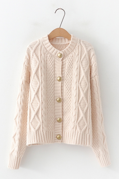 Winter Warm Cable-Knit Button Front Drop Shoulder Cardigan Sweater