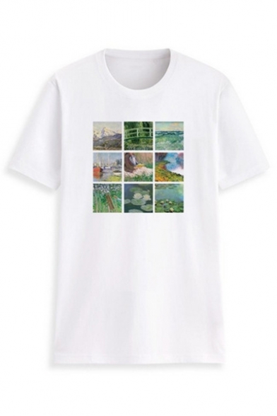 Art Oil Painting Collage Short Sleeve Round Neck Casual T-Shirt in White