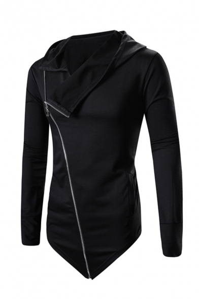 Black Oblique Zipper Design Long Sleeve Asymmetric Hoodie