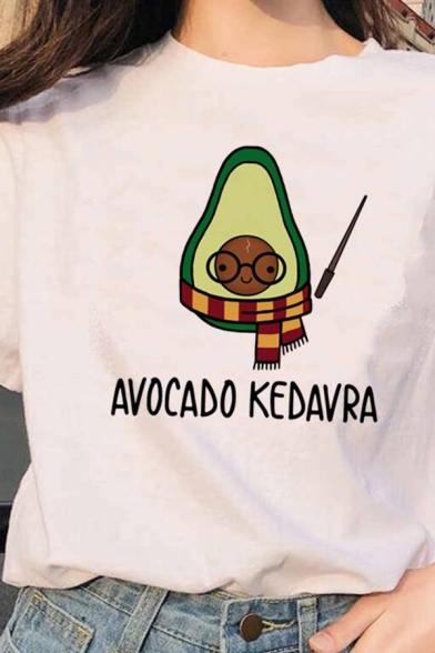 Cute AVOCADO KEDAVRA Printed Short Sleeve Round Neck White Casual T-Shirt Top