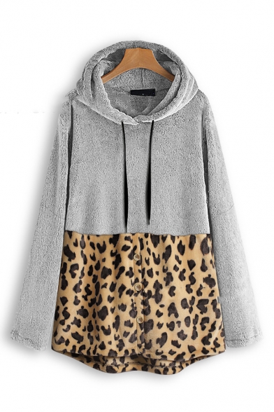 Fashionable Long Sleeve Color Block Leopard Printed Loose Leisure Warm Fluffy Longline Hoodie