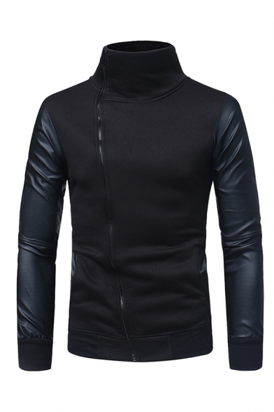 High Collar PU Leather Panel Oblique Zipper Pull Over Sweatshirt