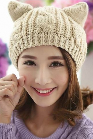 Ladies Winter Warm Plain Cat Ear Cable Knitted Hat