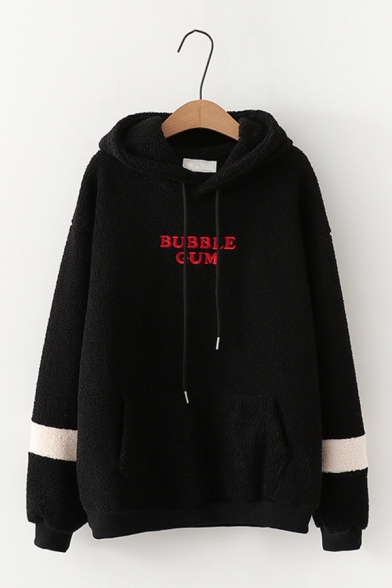Letter BUBBLE GUM Printed Colorblocked Long Sleeve Fluffy Fleece Hoodie