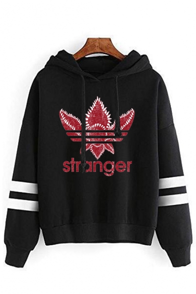 

Letter STRANGER Print Stripe Long Sleeve Regular Fit Drawstring Hoodie, Black;burgundy;green;white;gray, LC566147