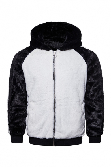 Men's White and Black Color Block Patchwork Fuzzy Sherpa Zipper Pullover Hoodie
