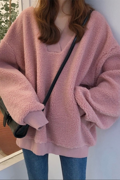 

New Fashion V-Neck Long Sleeve Plain Fluffy Teddy Oversized Sweatshirt, Pink;apricot, LM564622