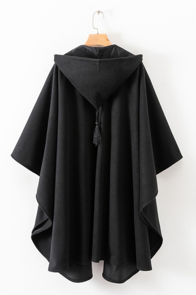 Open Front Drawstring Hood Black Plain Cloak Woolen Overcoat