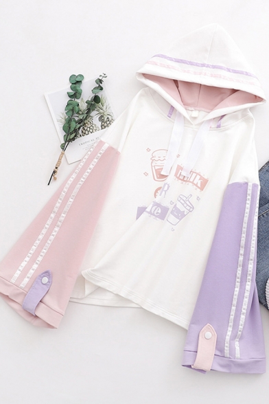 Preppy Chic Milk Or Juice Printed Contrast Bell Long Sleeve Loose Drawstring Hoodie Beautifulhalo Com