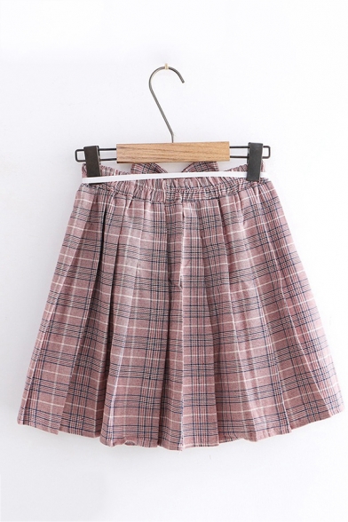 Sweet Style Check Pattern Bow Elastic Waist Mini Pleated Skirt