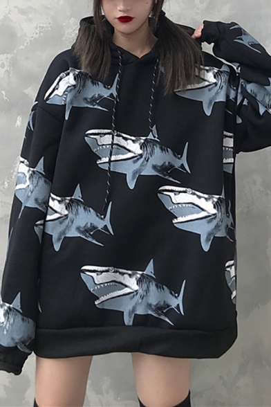Unique Creative Shark Print Long Sleeve Loose Unisex Drawstring Hoodie