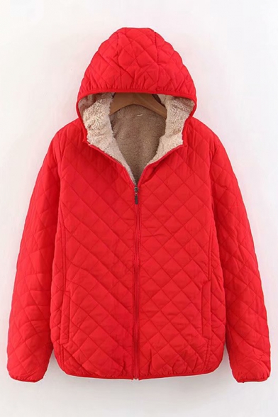 Winter Fashion Plain Sherpa Lining Zip Up Diamond Quilted Hooded Jacket Coat
