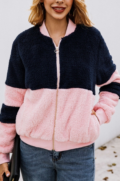 Women's Fashion Stand Collar Color Block Faux Fur Teddy Long Sleeve Zip Up Sweatshirt