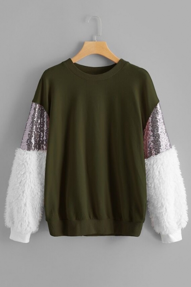 Womens Fashion Colorblocked Plush Sequin Panel Long Sleeve Pullover Loose Sweatshirt