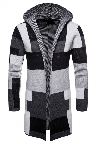 Casual Color Block Panel Open Front Hooded Longline Knitted Cardigan Coat