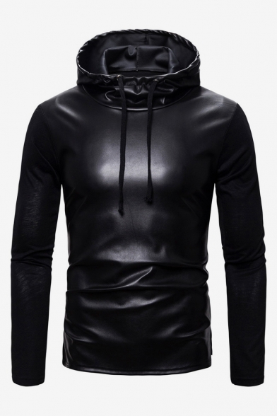 Cool Fashion Solid Color Black PU Leather Slim Fit Long Sleeve Drawstring Pullover Hoodie for Men
