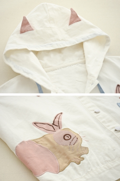 Cute Rabbit Embroidery Color Block Flap Pocket Hooded Casual Jacket
