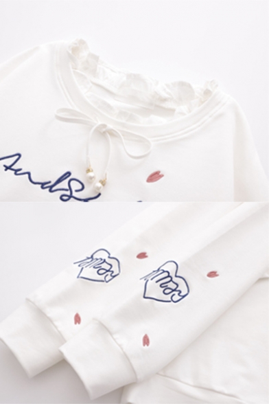 Embroidery Letter Cherry Blossom Print Stringy Selvedge Detail Bow Tie Neck Pullover Sweatshirt