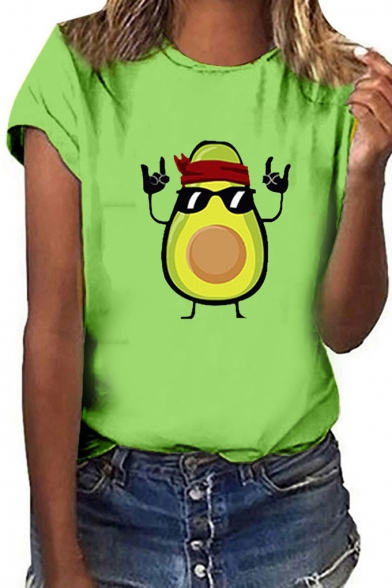 Funny Cartoon Avocado Printed Short Sleeve Round Neck Plain T-Shirt